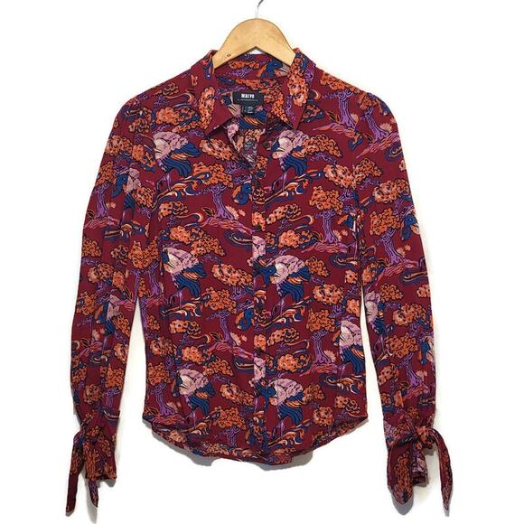 Anthropologie Maeve Bird Print Button Down Shirt Ruffle Tie Cuff  Boho Blouse 4 - Picture 1 of 16